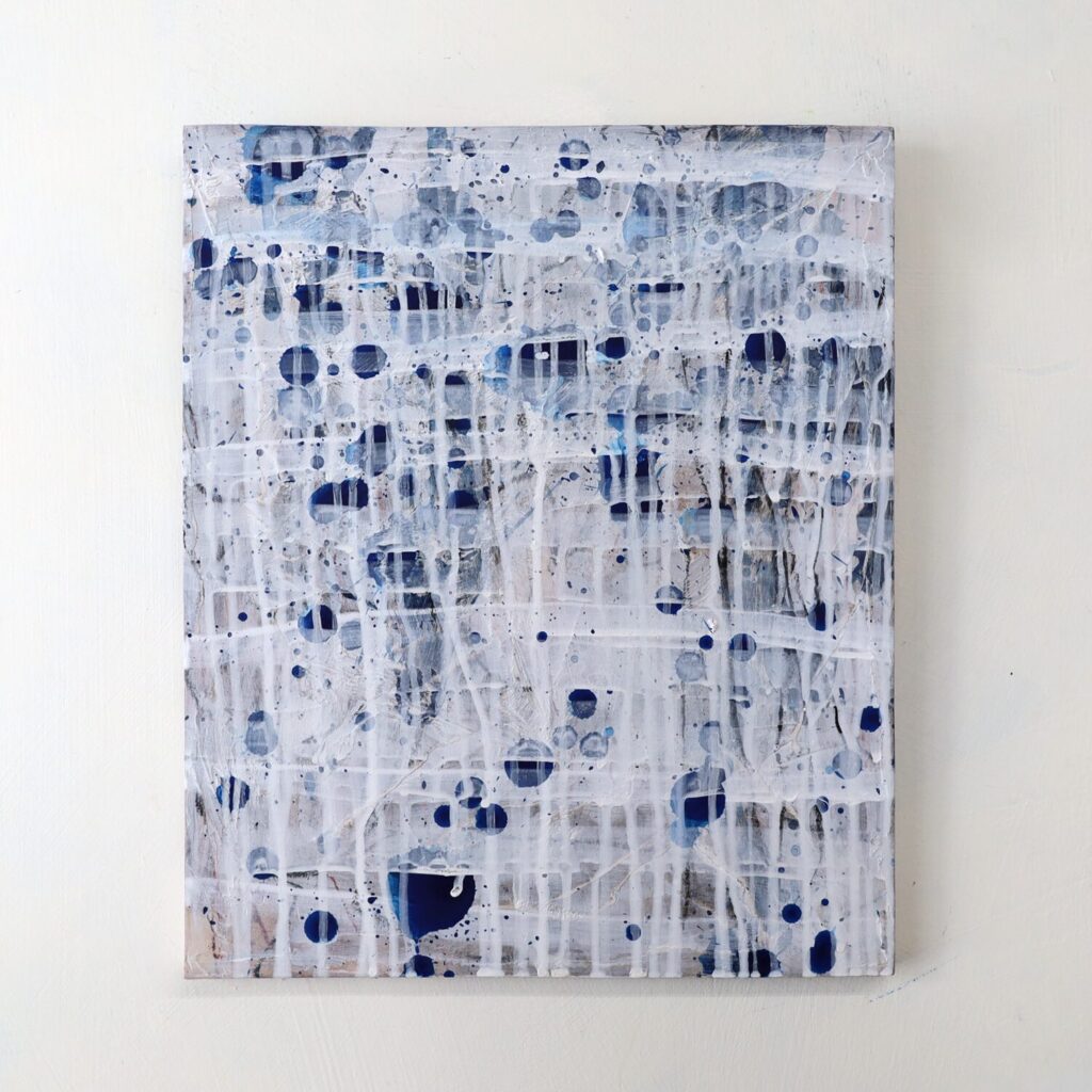 "Cascade, No. 14," a contemplative abstract painting where cascading white drips, originating from expressive horizontal brushstrokes, flow down over a serene, multi-layered background of blue and white. From the 'Cascade' series by Asahi Tanaka.