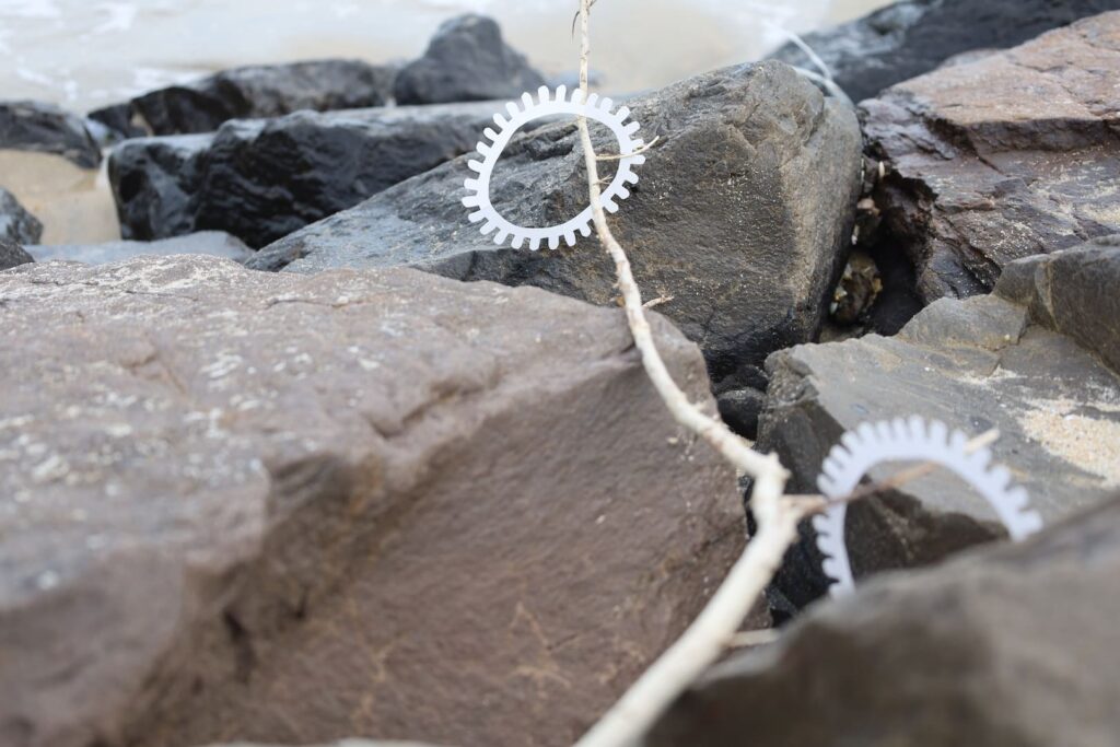 A photographic artwork from the 'Encounters' series by Asahi Tanaka. This close-up photograph captures two white, gear-like rings positioned on a piece of light-colored driftwood that is resting among large, dark, wet rocks at the seaside. The composition uses a shallow depth of field, bringing one ring into sharp focus while the second ring and the ocean in the background remain soft-focused. This site-specific photograph documents the interaction between the manufactured objects and the natural coastal materials.