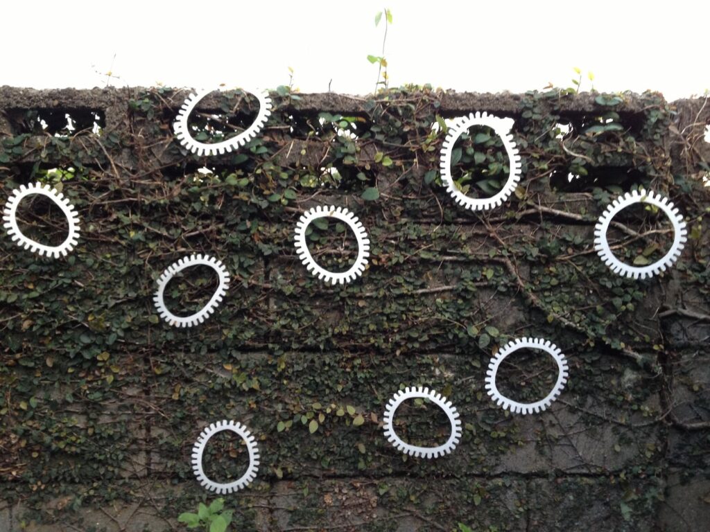 A photographic artwork from the 'Encounters' series by Asahi Tanaka. This photograph documents a large-scale art intervention where ten white, gear-like rings are arranged on a concrete block wall that is covered with a dense layer of dark green creeping vines. The repeating geometric rings are distributed across the textured, organic surface of the foliage, creating a pattern that juxtaposes the man-made forms with the living wall. This work of conceptual art is from the 'Encounters' series by Asahi Tanaka.