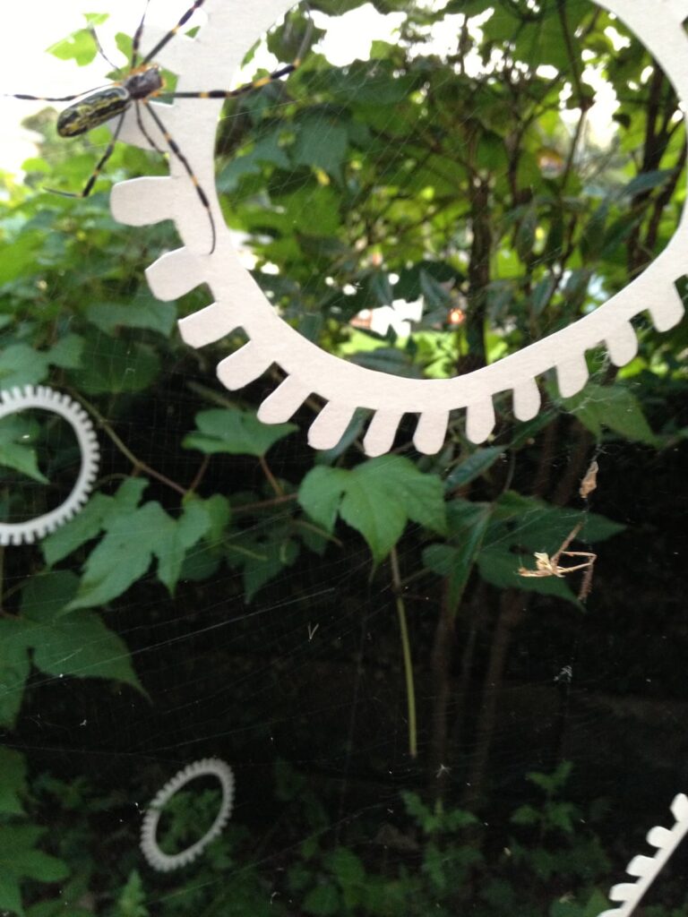 A photographic artwork from the 'Encounters' series by Asahi Tanaka. This close-up photograph documents a site-specific art intervention where several white, gear-like rings are suspended within a spider web. A large spider with yellow and black markings is positioned in the upper left, resting its legs directly on the edge of one of the rings. The photograph captures the direct interaction between the manufactured geometric object and a living creature within its natural habitat.