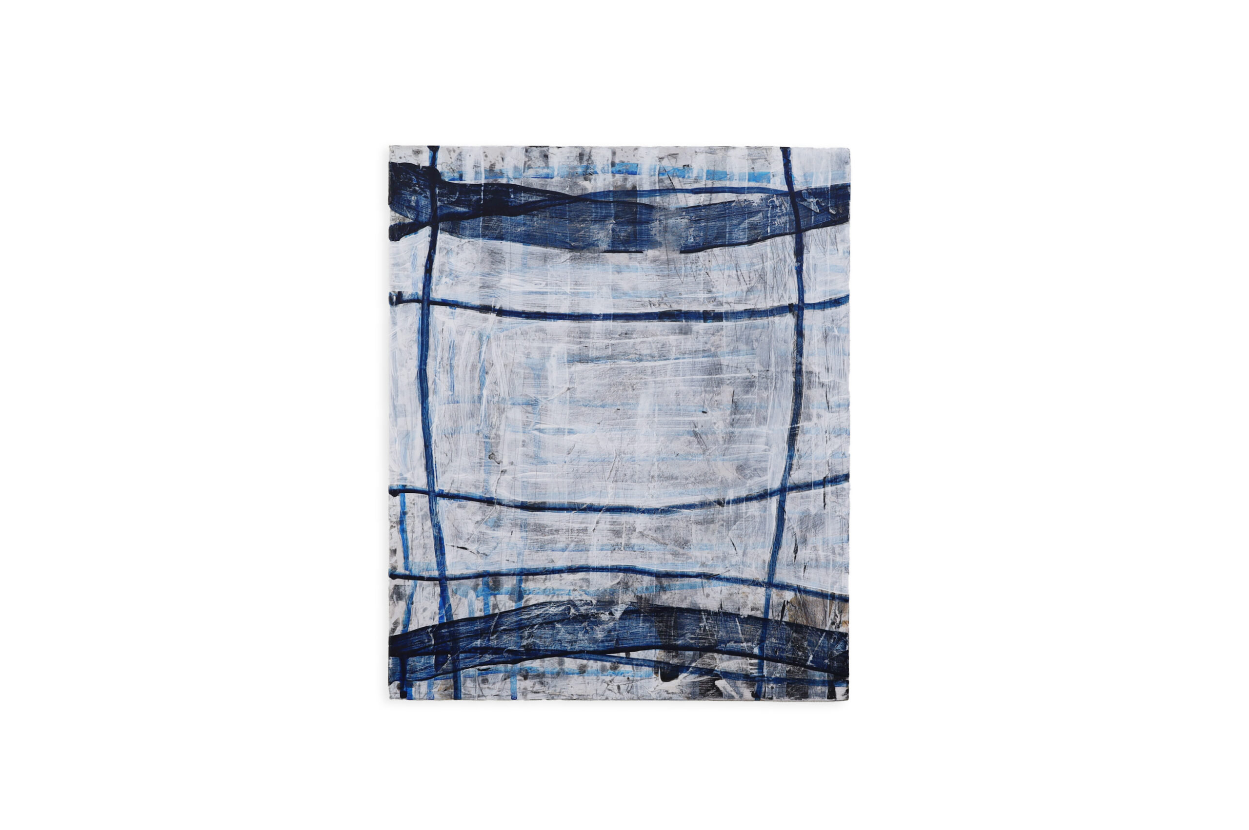 Original abstract painting 'Matrix Expansion' by Asahi Tanaka. A textured mixed-media piece featuring a dynamic blue and white grid with expressive gestural marks.