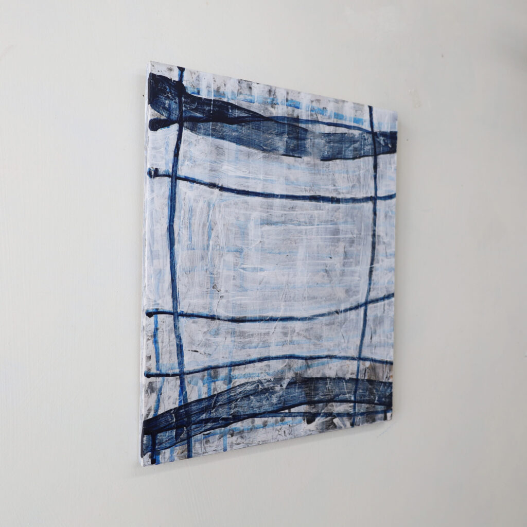 一点ものの抽象画のディテール画像。作品の持つ、独自の絵肌や、筆致の痕跡、そして、側面からの立体感を示している。