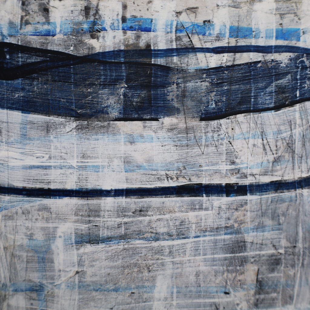 Close-up detail of the painting 'Matrix Expansion' by Asahi Tanaka, highlighting the rich, tactile texture of the mixed-media surface and the intricate layering of blue and white paint.