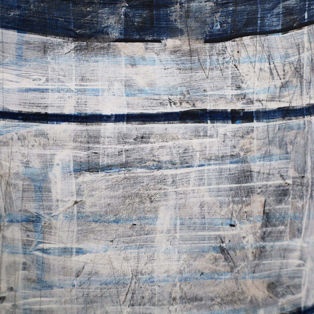 Close-up detail of the painting 'Matrix Expansion' by Asahi Tanaka, highlighting the rich, tactile texture of the mixed-media surface and the intricate layering of blue and white paint.