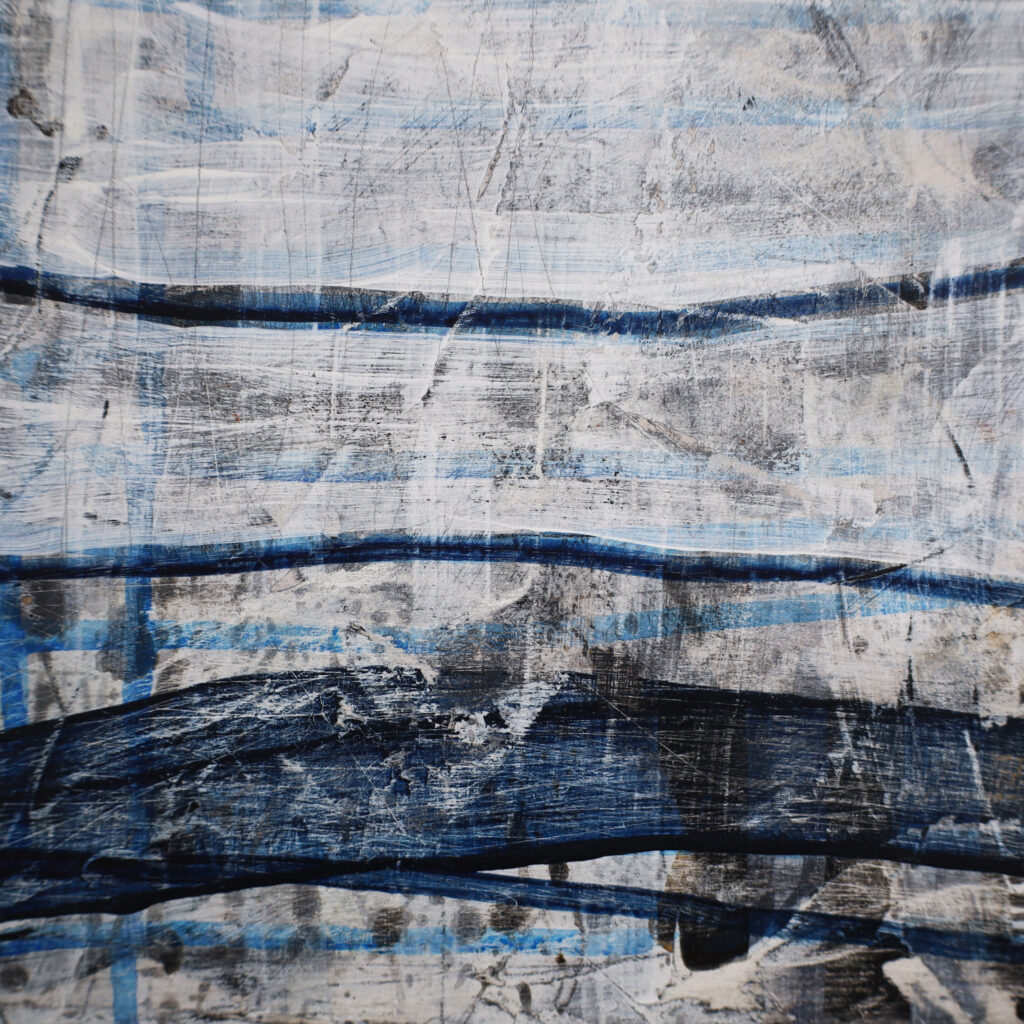 Close-up detail of the painting 'Matrix Expansion' by Asahi Tanaka, highlighting the rich, tactile texture of the mixed-media surface and the intricate layering of blue and white paint.