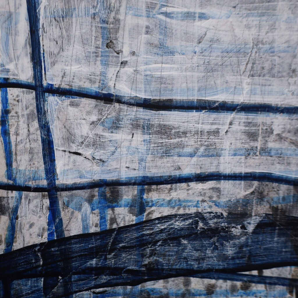Close-up detail of the painting 'Matrix Expansion' by Asahi Tanaka, highlighting the rich, tactile texture of the mixed-media surface and the intricate layering of blue and white paint.