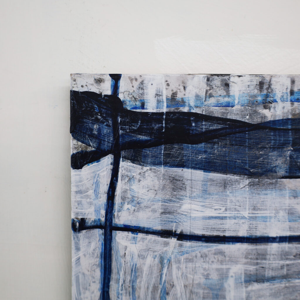 Close-up detail of the painting 'Matrix Expansion' by Asahi Tanaka, highlighting the rich, tactile texture of the mixed-media surface and the intricate layering of blue and white paint.