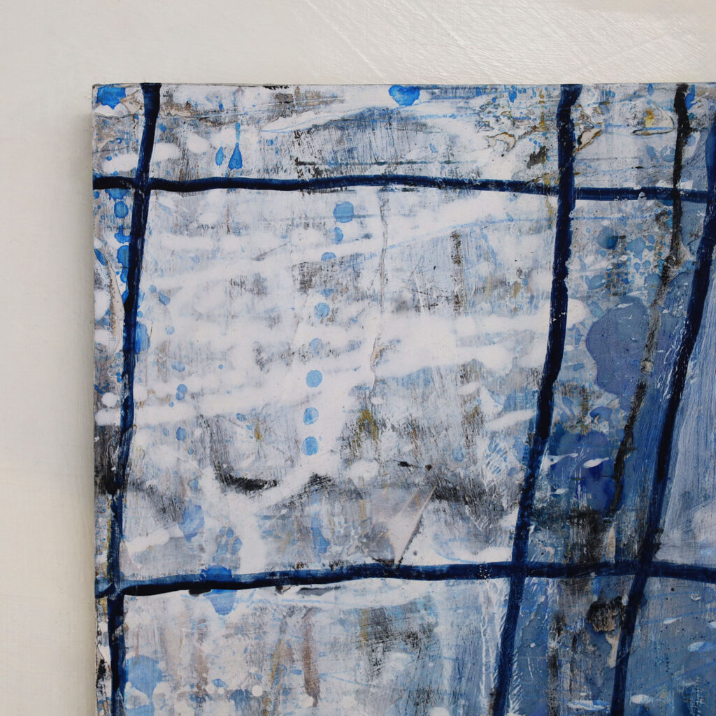 一点ものの抽象画のディテール画像。作品の持つ、独自の絵肌や、筆致の痕跡、そして、側面からの立体感を示している。