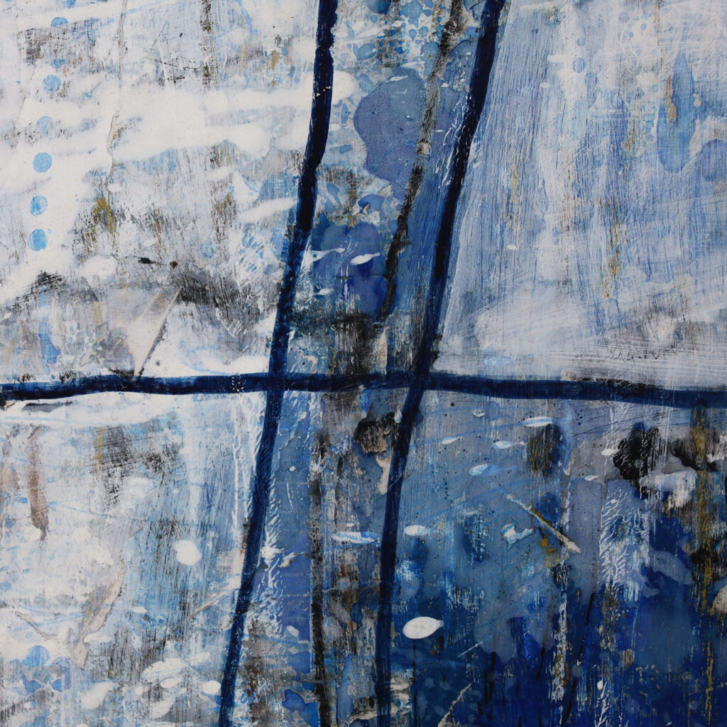 一点ものの抽象画のディテール画像。作品の持つ、独自の絵肌や、筆致の痕跡、そして、側面からの立体感を示している。
