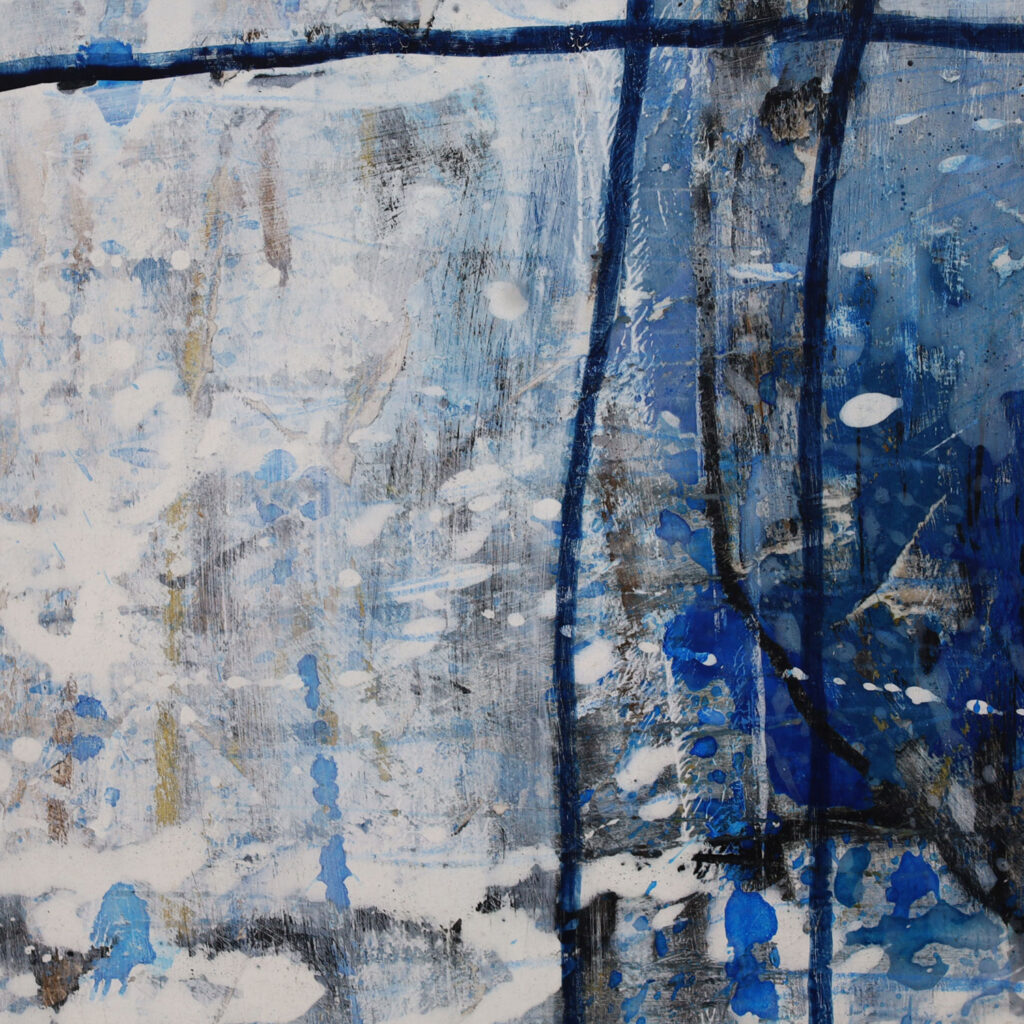 一点ものの抽象画のディテール画像。作品の持つ、独自の絵肌や、筆致の痕跡、そして、側面からの立体感を示している。