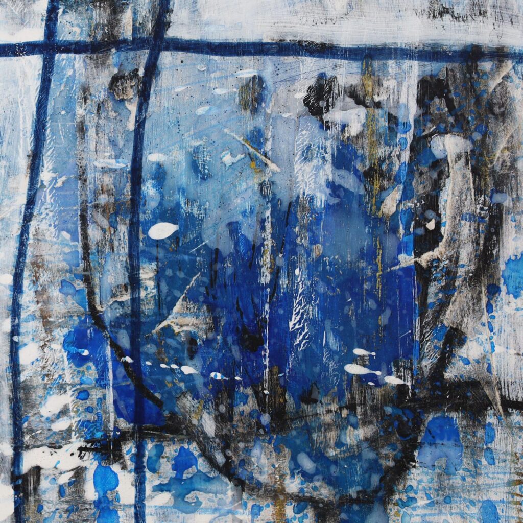 一点ものの抽象画のディテール画像。作品の持つ、独自の絵肌や、筆致の痕跡、そして、側面からの立体感を示している。