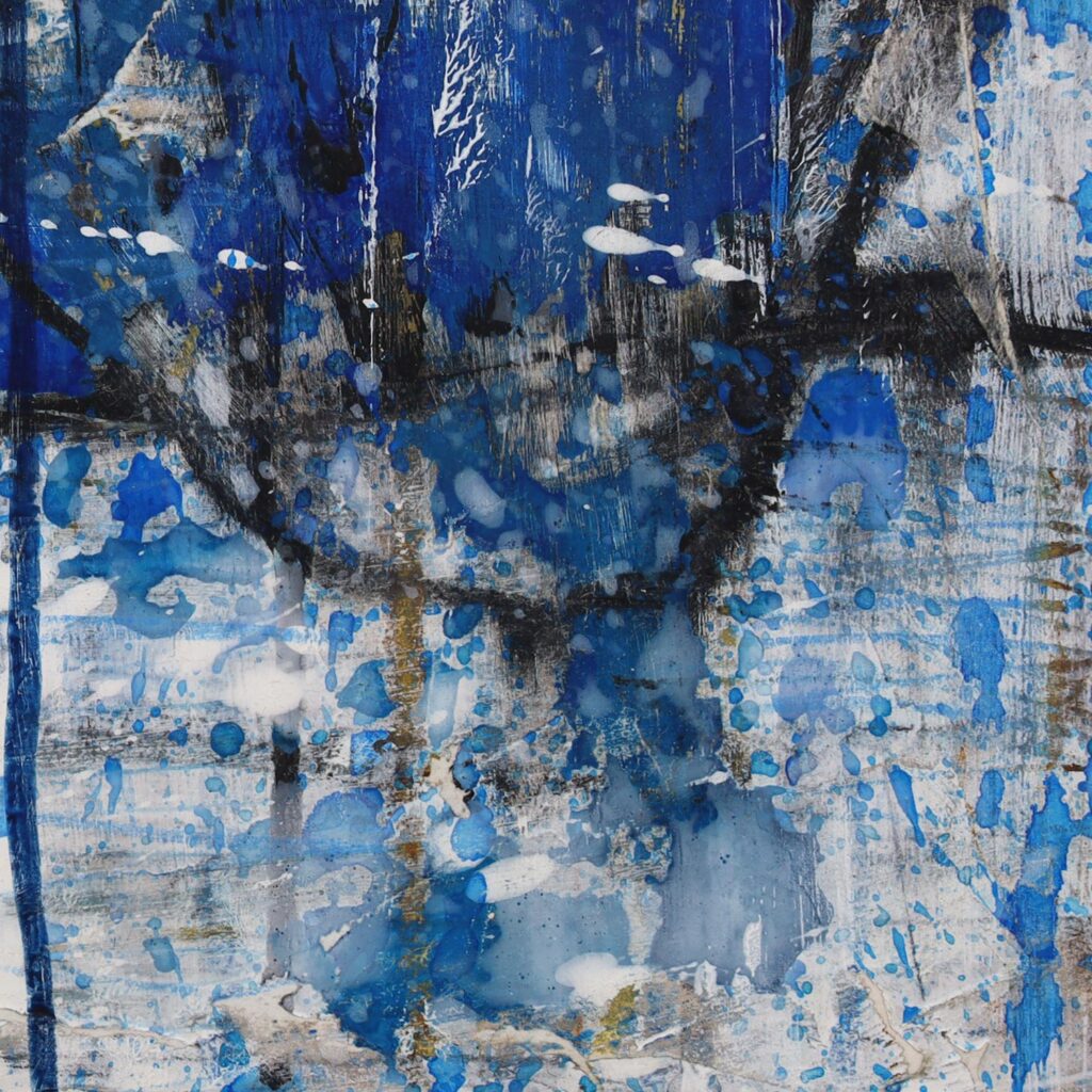 一点ものの抽象画のディテール画像。作品の持つ、独自の絵肌や、筆致の痕跡、そして、側面からの立体感を示している。