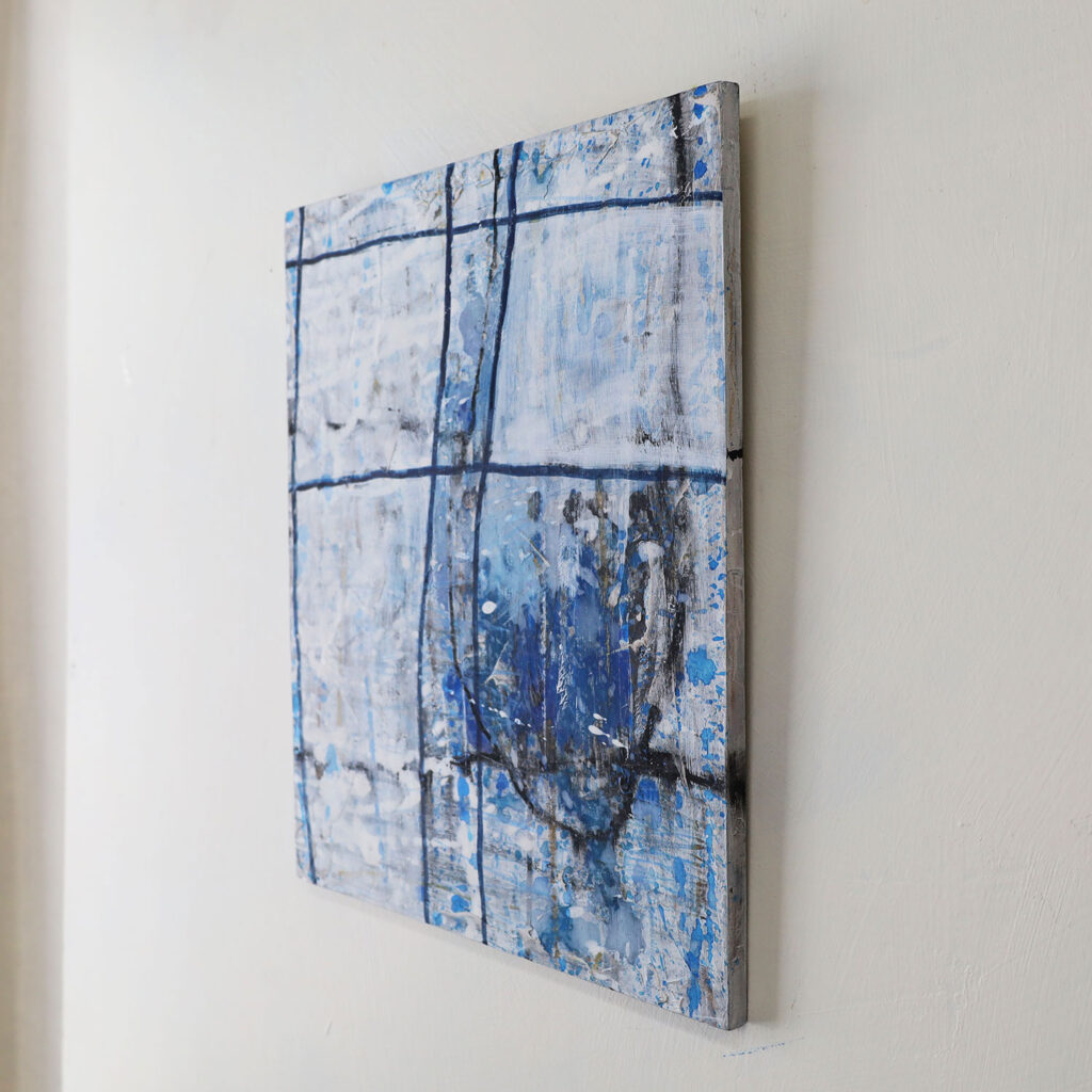 一点ものの抽象画のディテール画像。作品の持つ、独自の絵肌や、筆致の痕跡、そして、側面からの立体感を示している。