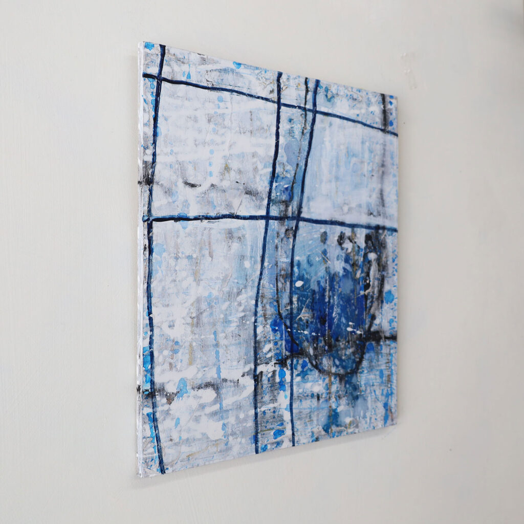 一点ものの抽象画のディテール画像。作品の持つ、独自の絵肌や、筆致の痕跡、そして、側面からの立体感を示している。