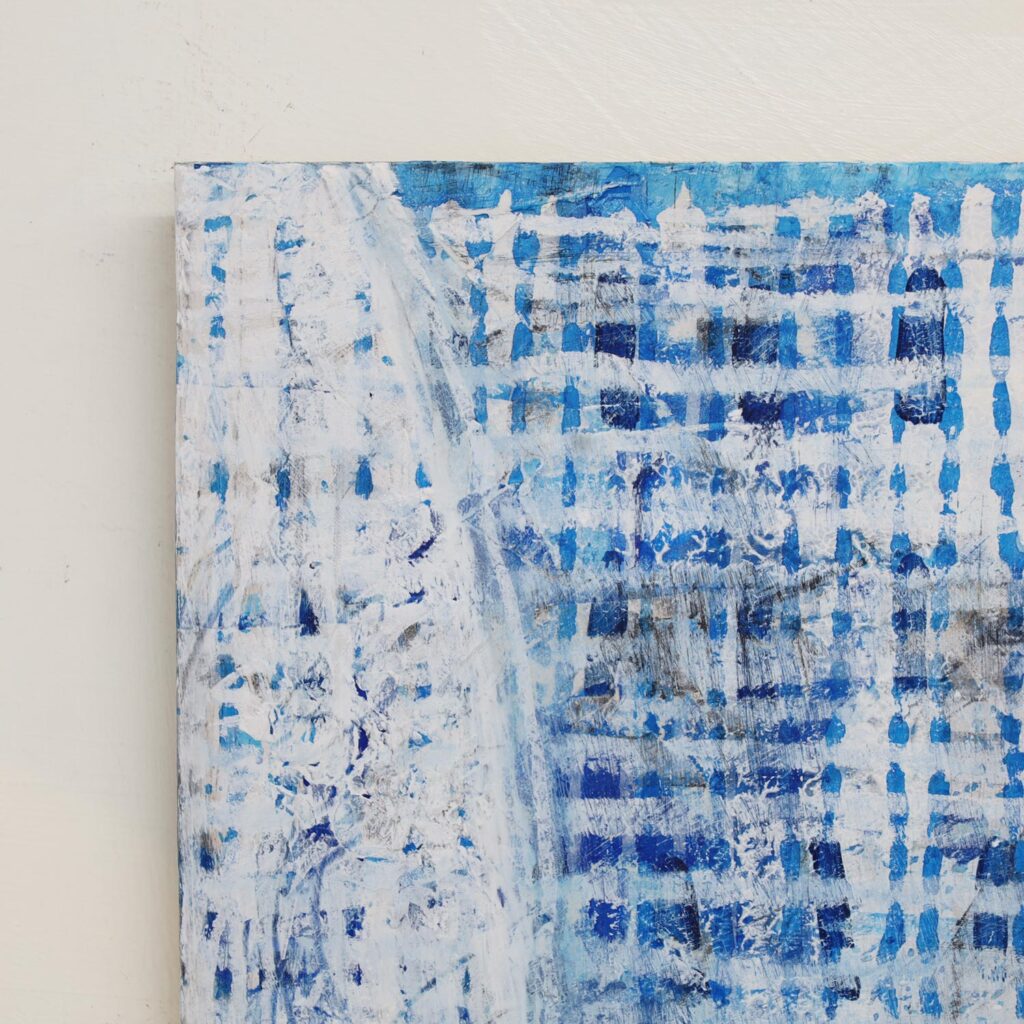 一点ものの抽象画のディテール画像。作品の持つ、独自の絵肌や、筆致の痕跡、そして、側面からの立体感を示している。