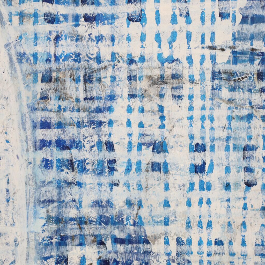 一点ものの抽象画のディテール画像。作品の持つ、独自の絵肌や、筆致の痕跡、そして、側面からの立体感を示している。