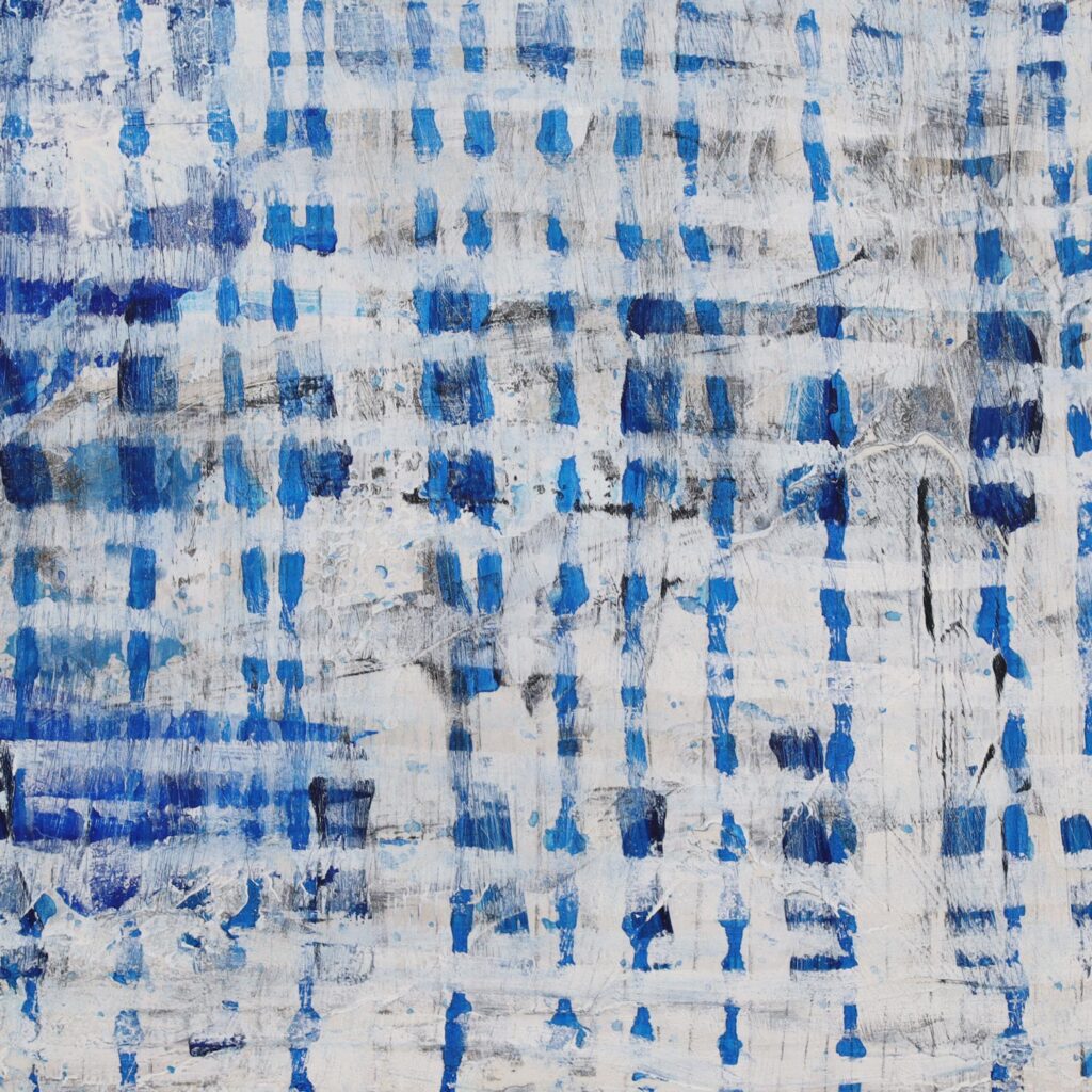 一点ものの抽象画のディテール画像。作品の持つ、独自の絵肌や、筆致の痕跡、そして、側面からの立体感を示している。