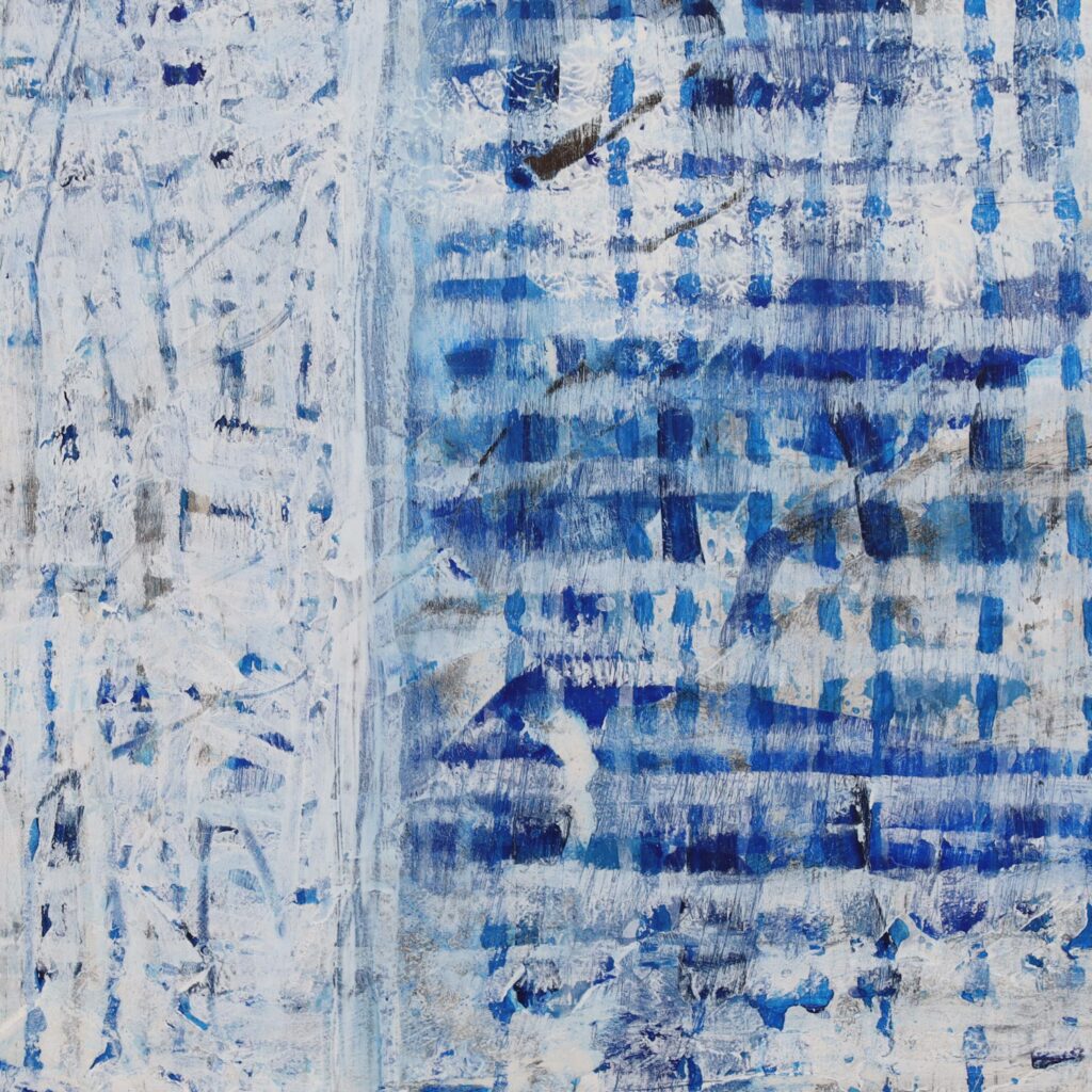 一点ものの抽象画のディテール画像。作品の持つ、独自の絵肌や、筆致の痕跡、そして、側面からの立体感を示している。