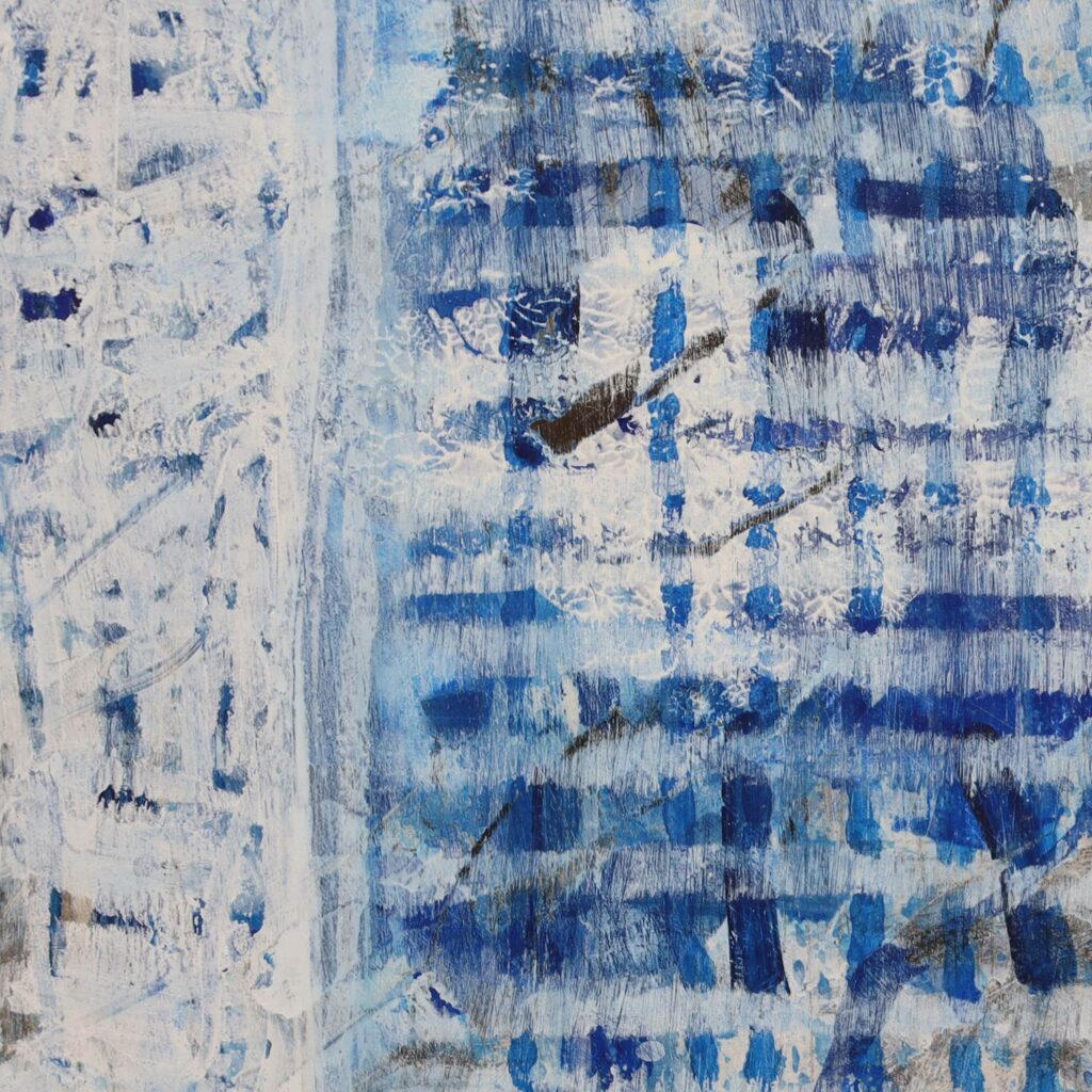 一点ものの抽象画のディテール画像。作品の持つ、独自の絵肌や、筆致の痕跡、そして、側面からの立体感を示している。