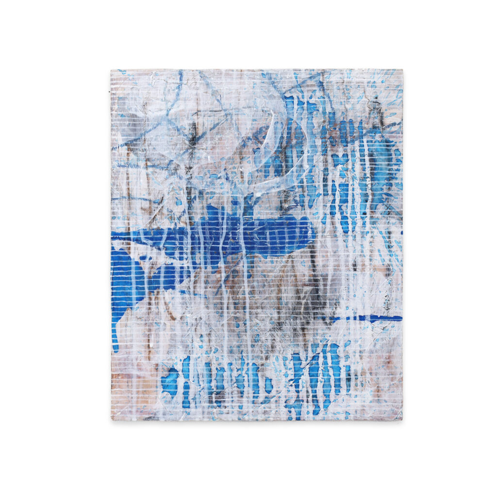 Abstract painting with blue drips and fine white horizontal lines, overlaid with cascading white paint from a hand-drawn circular form, from the 'Cascade' series by Asahi Tanaka — minimalist textured artwork evoking natural erosion.