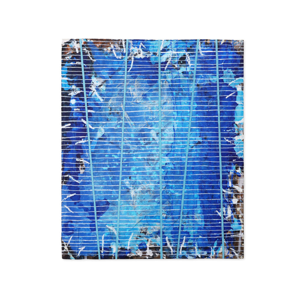 Abstract painting with a blue straight line bringing order to a layered surface, from the 'Geometric Lines' series by Asahi Tanaka — minimalist geometric artwork.