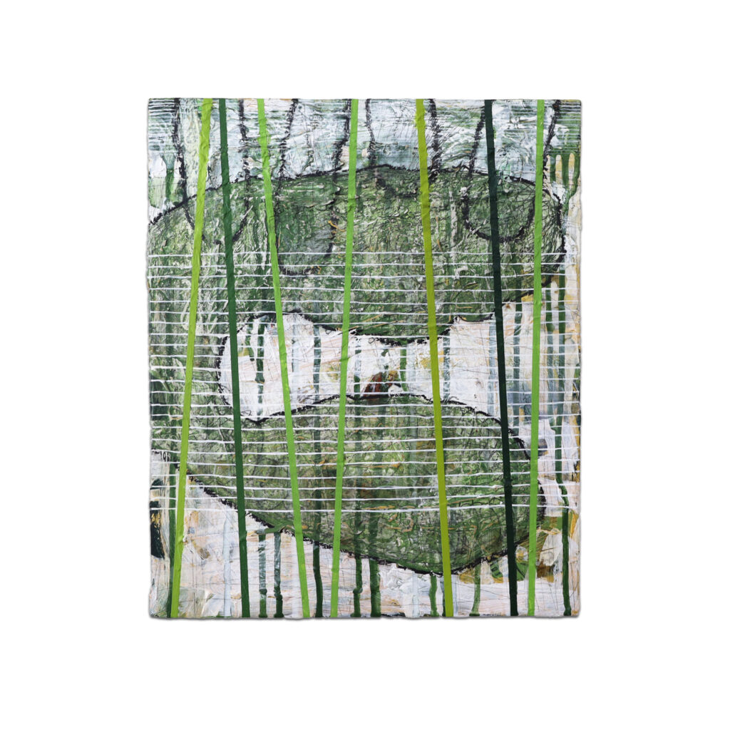 Abstract painting with a green straight line bringing order to a layered surface, from the 'Geometric Lines' series by Asahi Tanaka — minimalist geometric artwork.