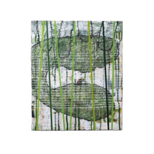 Abstract painting with a green straight line bringing order to a layered surface, from the 'Geometric Lines' series by Asahi Tanaka — minimalist geometric artwork.