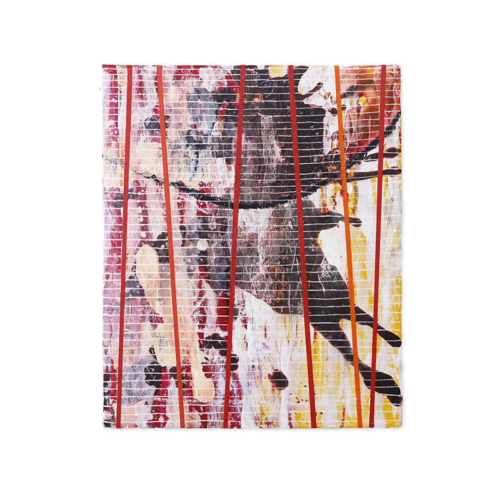 Abstract painting with a red straight line bringing order to a layered surface, from the 'Geometric Lines' series by Asahi Tanaka — minimalist geometric artwork.