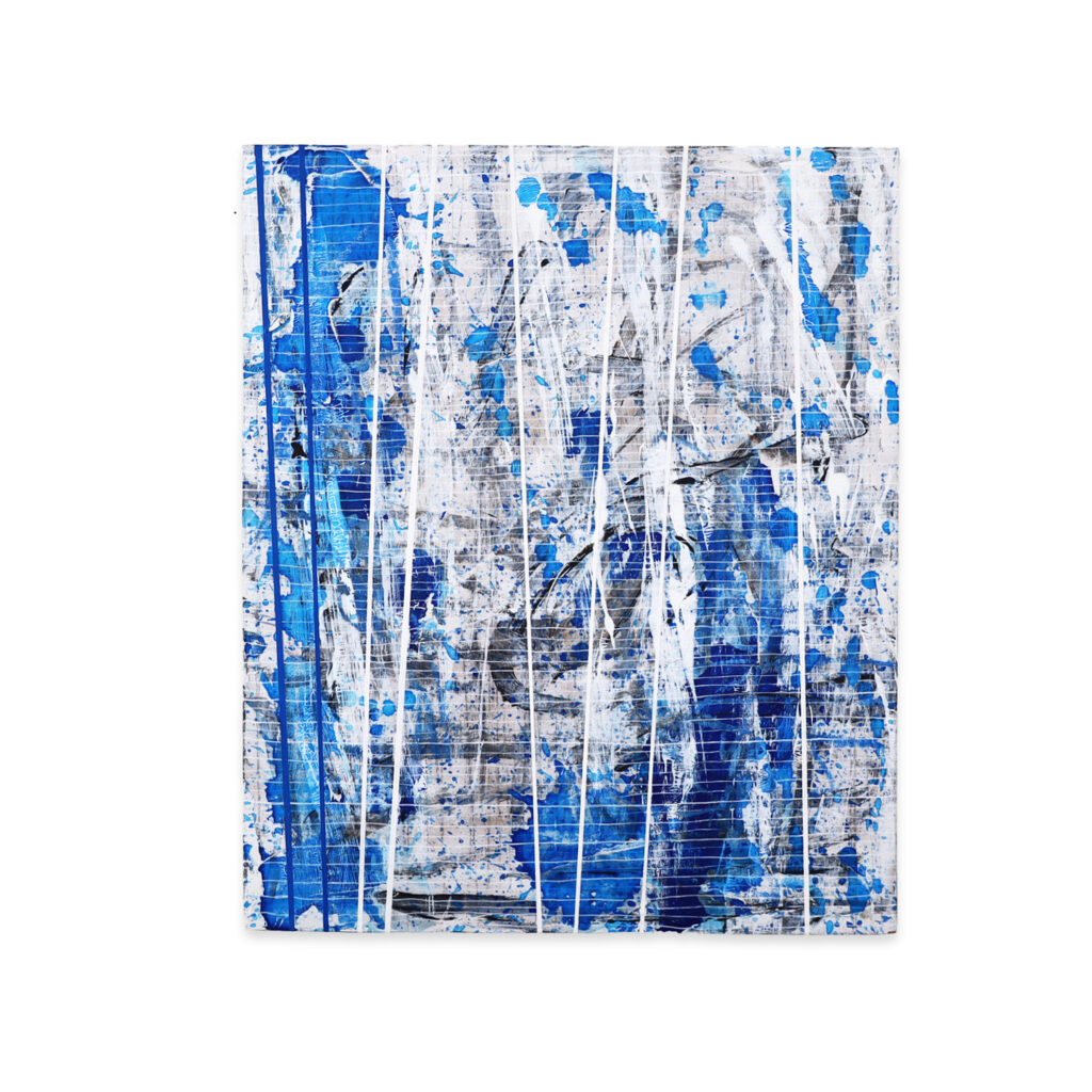 Abstract painting with hazy blue tones and smoke-like layered marks, overlaid with faint straight lines suggesting light, from the 'Geometric Lines' series by Asahi Tanaka — minimalist geometric artwork.