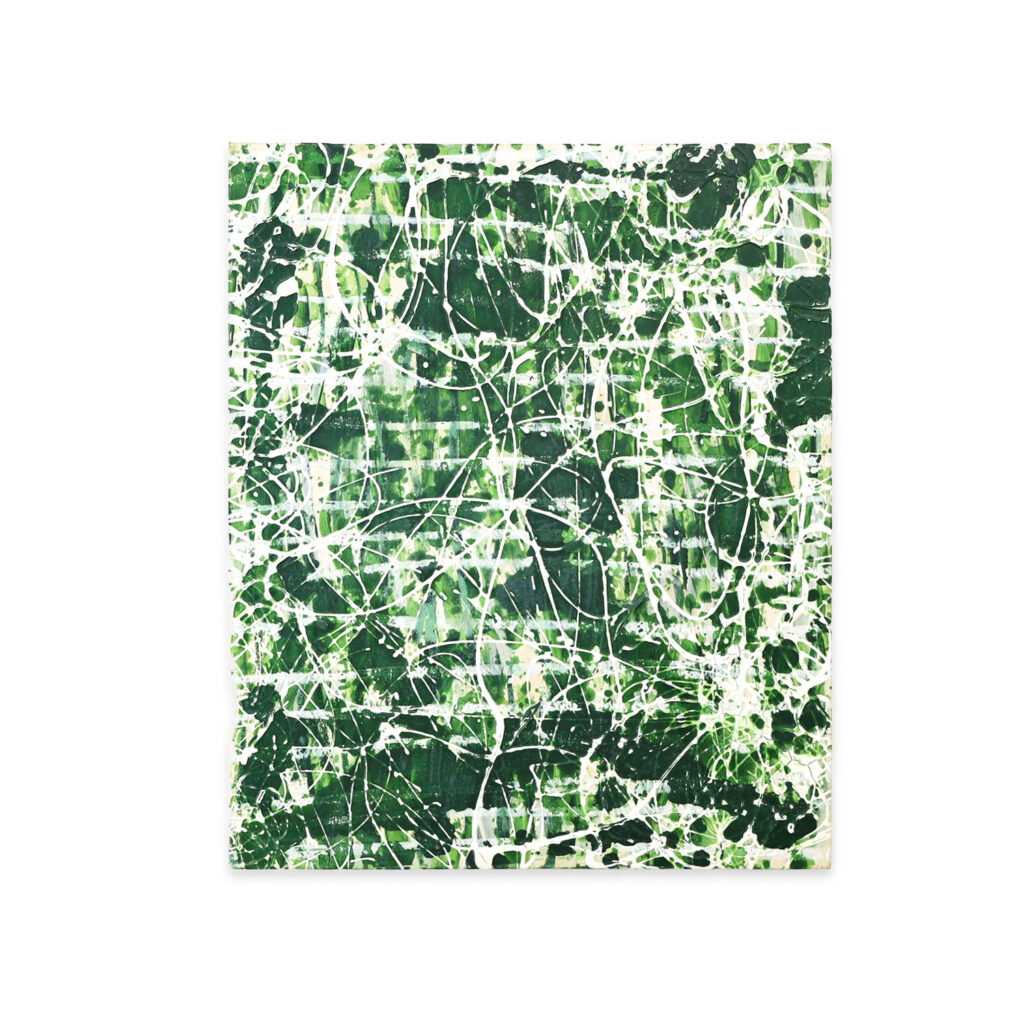 Deep green abstract painting with white acrylic drips wandering across the surface, from the 'Gesture' series by Asahi Tanaka — minimalist textured artwork evoking a dense, shadow-filled jungle.