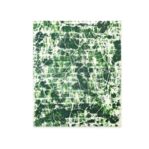 Deep green abstract painting with white acrylic drips wandering across the surface, from the 'Gesture' series by Asahi Tanaka — minimalist textured artwork evoking a dense, shadow-filled jungle.