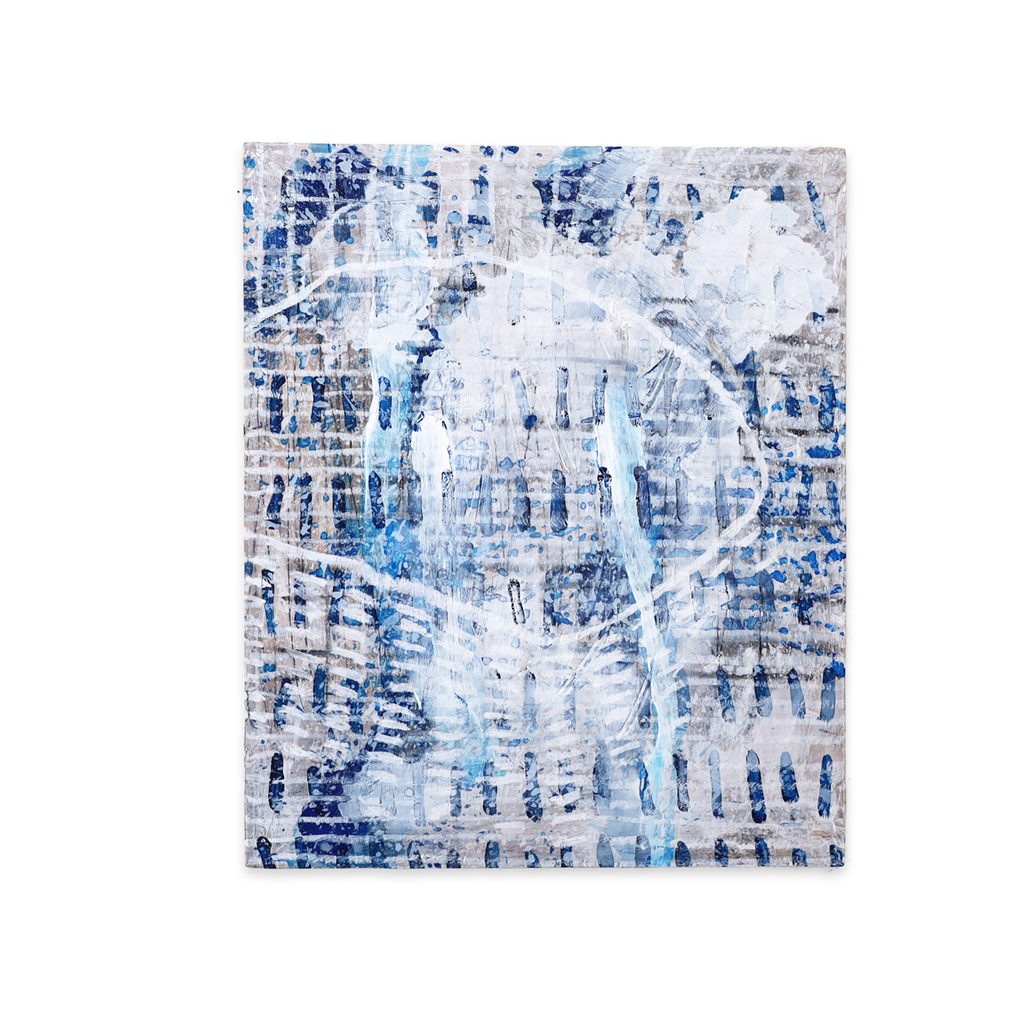 Abstract painting with a pale blue grid of short marks, veiled by white passages and thin curving lines that echo across the surface, from the 'Glyphs' series by Asahi Tanaka — a layered work of quiet resonance.