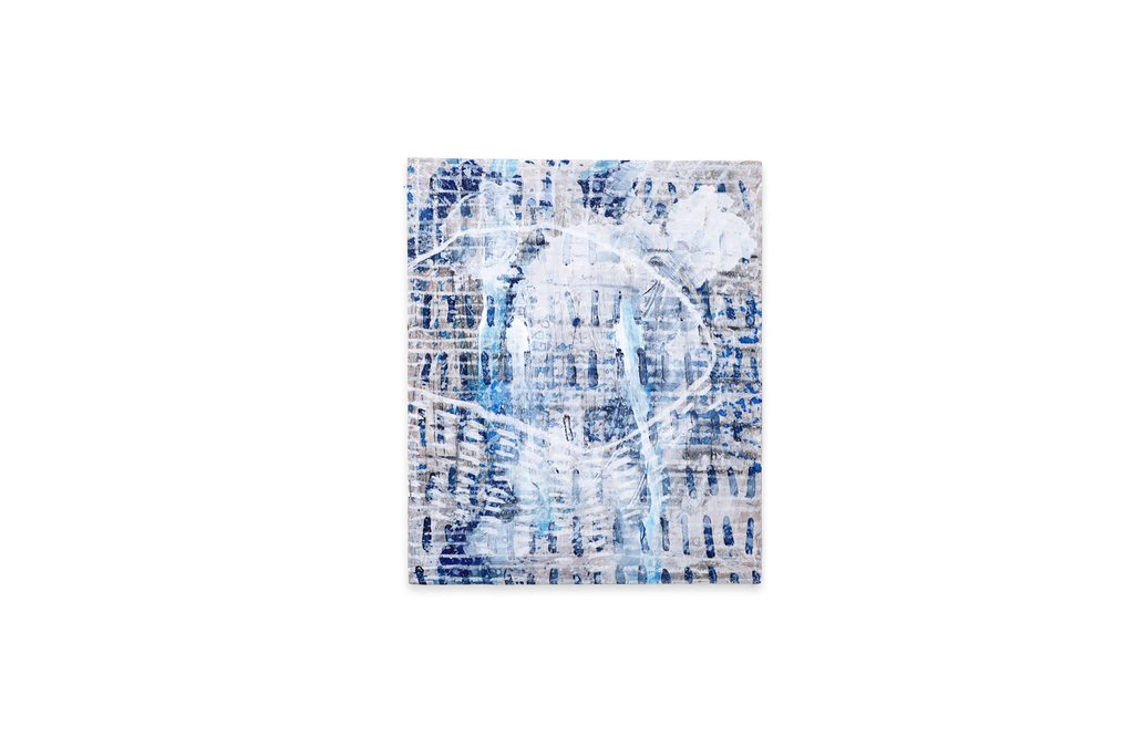 Abstract painting with a pale blue grid of short marks, veiled by white passages and thin curving lines that echo across the surface, from the 'Glyphs' series by Asahi Tanaka — a layered work of quiet resonance.