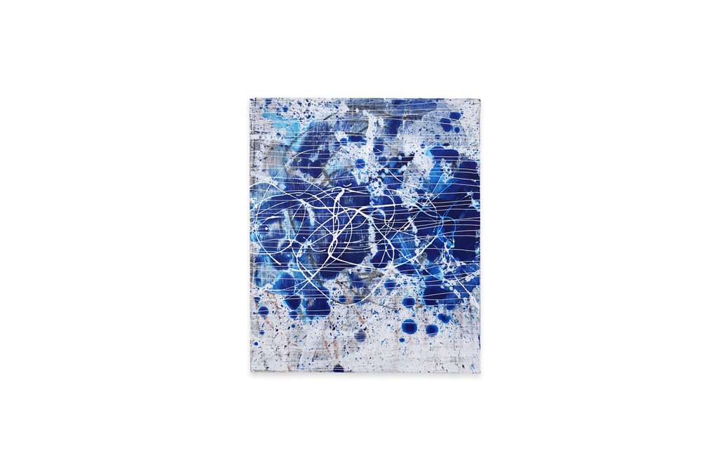 Abstract painting with looping white drips and fine thread-like horizontal lines suspended over a scraped blue ground, from the 'Thread Lines' series by Asahi Tanaka — minimalist abstract work of quiet suspension.