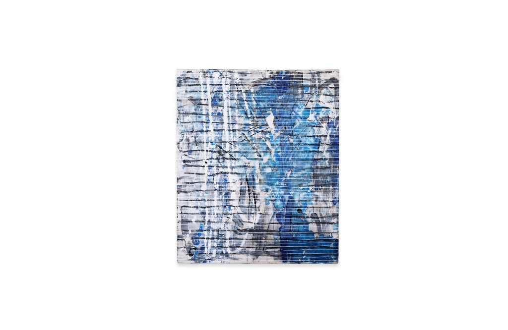 Abstract painting with a heavily scraped blue and white ground, and thread-like horizontal lines nearly swallowed by the surface, from the 'Thread Lines' series by Asahi Tanaka — minimalist abstract work still breathing through the marks.
