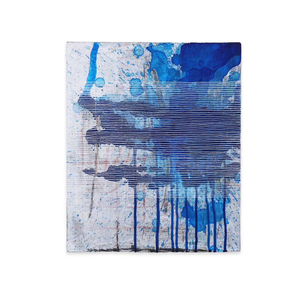 Abstract painting with a blue gradient from dripped paint, veiled by thread-like horizontal lines drawn across the surface, from the 'Thread Lines' series by Asahi Tanaka — minimalist abstract work exploring blue.