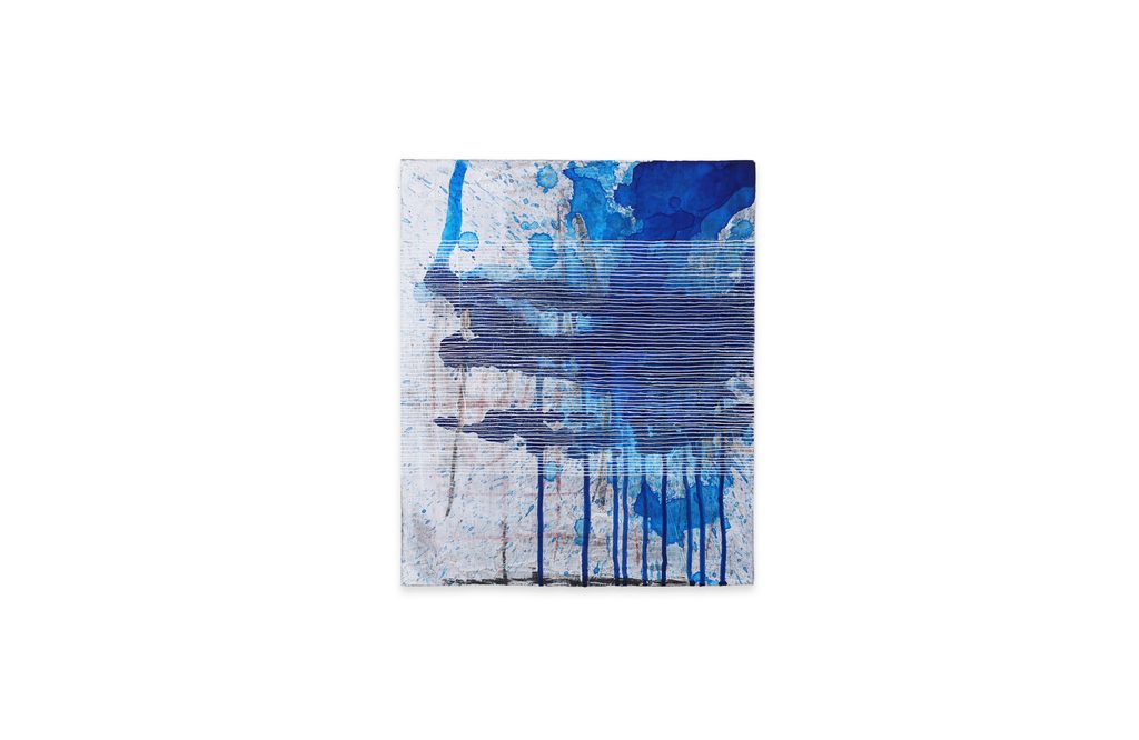Abstract painting with a blue gradient from dripped paint, veiled by thread-like horizontal lines drawn across the surface, from the 'Thread Lines' series by Asahi Tanaka — minimalist abstract work exploring blue.